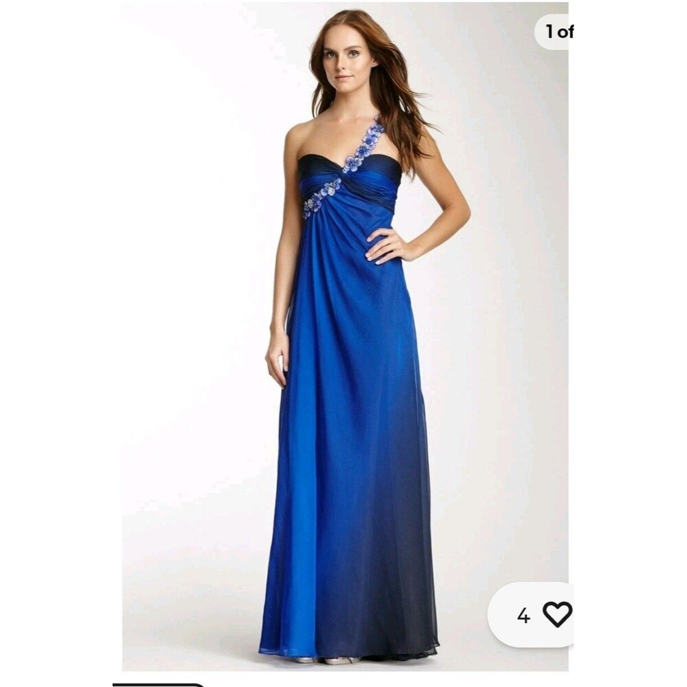 Vintage Cache One-Shoulder Evening Gown Size 4 Blue Ombre Floral Strap Y2K Flaw